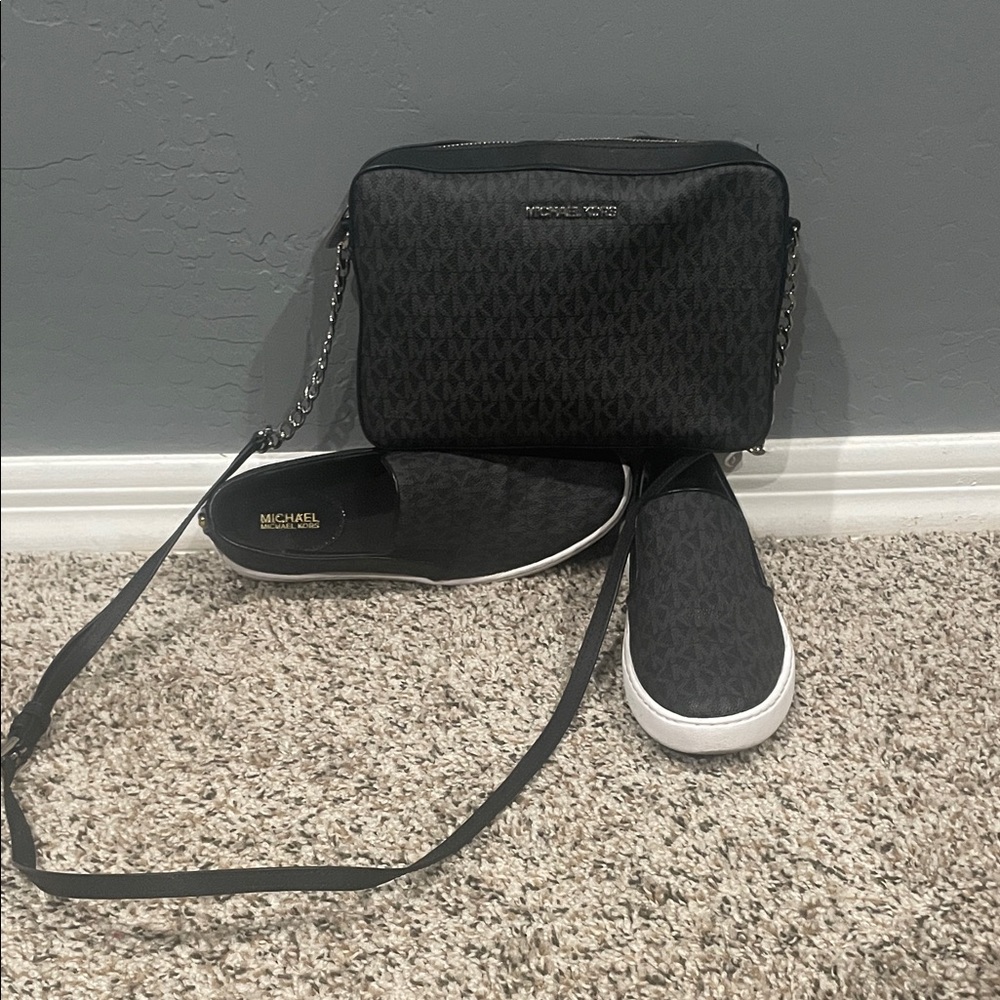 Michael Kors Black Monogram Crossbody Bag and Slip-On Shoes
